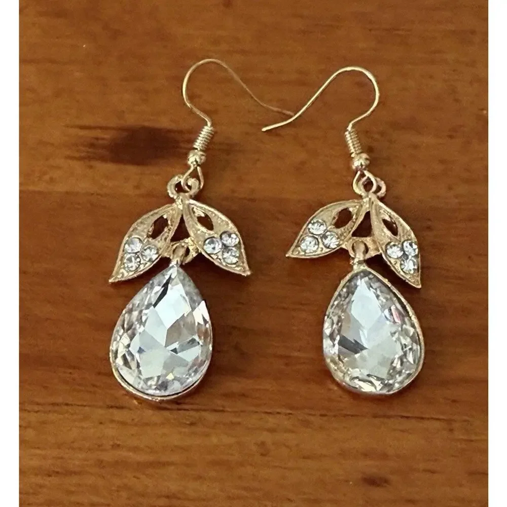 Crystal Teardrop Dangle Earrings Gold Tone Leaf Bridal Wedding Prom Formal